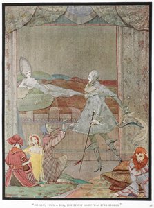 "Han såg, på en säng, den finaste syn som någonsin skådats." Prinsen som ser prinsessan, "Törnrosa", på sin säng. av Harry Clarke
