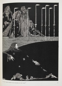 "Jag såg dem skapa stavelserna i mitt namn". Illustration till berättelsen, "gropen och pendeln". av Harry Clarke