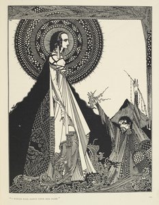 "Jag skulle ropa högt på hennes namn." Illustration av Ligeia, en novell. "Ligeia" är en novell av Edgar Allan Poe. Berättelsen följer en icke namngiven berättare och hans fru Ligeia, en vacker och intelligent korphårig kvinna. Hon blir sjuk, komponerar "T av Harry Clarke