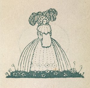 Illustration som visar en kvinna, klädd i en stor klänning. av Harry Clarke