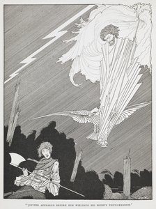 "Jupiter dök upp framför honom med sina mäktiga åskbultar." Illustration för "de löjliga önskningarna." av Harry Clarke