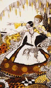 Sju hunddagar lät vi passera och döpte Queens in Glenmacnass". "Queens", nio glaspaneler syrade, färgade och målade, Illustrerande J.M. Synges dikt, 1917 av Harry Clarke