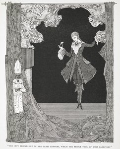 "Hon lämnade efter sig en av sina glastofflor, som Prinsen tog upp mest noggrant." Illustration till berättelsen, Askungen eller Den lilla glastofflan. av Harry Clarke