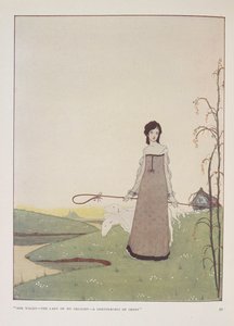 "Hon går - min fröjds dam - en herdinna av får." Illustration för herdinnan av Alice Meynell. av Harry Clarke