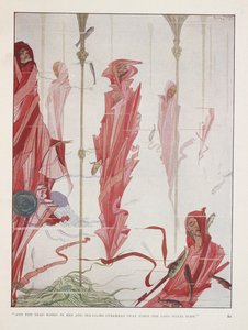 Den döende patrioten. "Och de döda klädda i rött och sjöliljor över huvudet   svaja när de långa vindarna blåser" av Harry Clarke