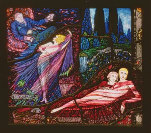Genèvefönstret som föreställer Mr Gilhooley av Liam OFlaherty och Deirdre av George Russell, 1929
