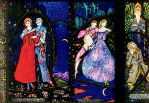 Genèvefönstret föreställande The Playboy of the Western World av J.M. Synge, The Dreamers av Seamus OSullivan och The Demi Gods av James Stephens, 1929