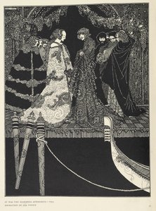 "det var Marchesa Aphrodite - tillbedjan av hela Venedig". Illustration till berättelsen "uppdraget". av Harry Clarke
