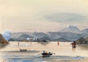 "HMS Tribune tar sig fram på Chuenpee-floden i Kanton (Kina), med roddbåtar och kinesiska junkar av Harry Edmond Edgell