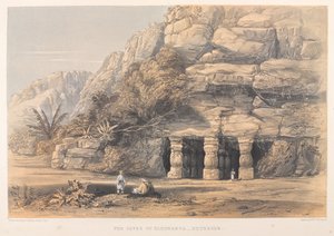 The Caves of Elephanta, Exterior (färgad litografi) av Harry Francis Darell