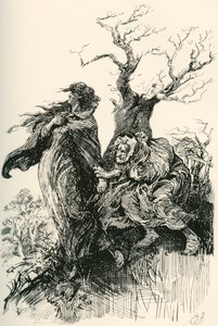 Alice Brown och hennes mamma. "Efter någon kvarts gång vågade den gamla kvinnan, utmattad och andfådd, hålla i kjolarna, men hon vågade inte mer, och de reste tysta vidare genom väta och dyster." Illustration av Harry Furni av Harry Furniss