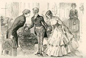 David möter Dora och Miss Murdstone. "Mr Copperfield, min dotter Dora och min dotter Doras förtroliga vän, Miss Murdstone!". Illustration av Harry Furniss till Charles Dickens-romanen David Copperfield, från The Testimonial Edition, publicerad 19 av Harry Furniss