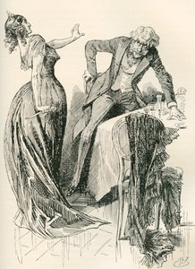 Edith och Mr. Carker. "Han kom glatt mot henne, när hon på ett ögonblick tog upp kniven från bordet och började ett steg bakåt. "Stå stilla," sa hon, "eller jag mördar dig!" Illustration av Harry Furniss för Charles Dickens roman av Harry Furniss
