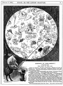 Essence of Parliament: Tecknad serie som markerar invigningen av parlamentets första session för 1883 (trägravyr) av Harry Furniss