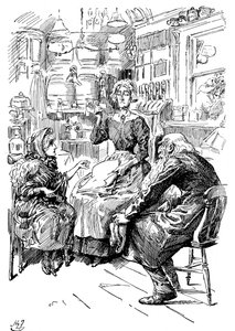 Mr Riah och Miss Wren på Six Jolly Fellowship Porters, 1912 av Harry Furniss