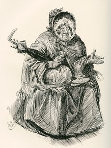 Fru Gamp. Illustration av Harry Furniss till Charles Dickens-romanen Martin Chuzzlewit, från The Testimonial Edition, publicerad 1910. av Harry Furniss