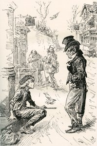 Oliver faller in med The Artful Dodger. "Hej, min covey, vad är raden?" sa denna märkliga unge herre till Oliver. "Jag är mycket hungrig och trött," svarade Oliver; tårarna stod i hans ögon när han pratade. "Jag har gått en lång väg. Jag har gått av Harry Furniss