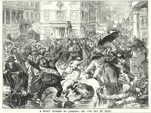 Punch tecknad: A Quiet Sunday in London; eller vilodagen (gravyr) av Harry Furniss