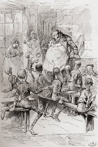 Svält i Workhouse. "Snälla sir, jag vill ha mer." "Mästaren tittade i förbluffad häpnad på den lilla rebellen i några sekunder och höll fast vid kopparn för att få stöd. Assistenterna var förlamade av förundran; pojkarna av rädsla. Illustration b av Harry Furniss