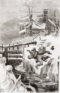Dödskampen i låset. "Har jag inte sagt till dig." "Jag håller dig levande och jag håller dig död." ropade Bradley när Riderhood gick över den släta gropen baklänges, och Bradley Headstone över honom." Illustration av Harry Furniss till Charles Dickens-roma av Harry Furniss