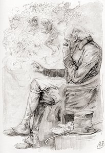 Trottys dröm. "Hade Trotty drömt? Eller är hans glädje och sorg, och skådespelarna i dem, men en dröm; själv en dröm; berättaren om denna berättelse en drömmare, vaknar men nu?" Illustration av Harry Furniss för novellen The Chimes from the Christmas Book av Harry Furniss