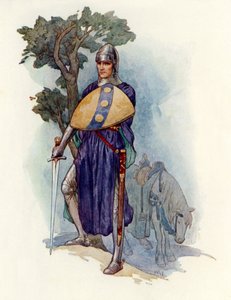 En riddare som spärrar vägen (färglitografi) av Harry George Theaker