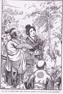 Alla vissna träd täcktes omedelbart av vackra körsbärsblommor (Den gamle mannen som fick vissna träd att blomma) (litografi) av Harry George Theaker