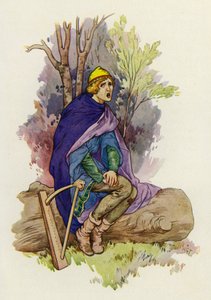 Medan han satt där framförde ynglingen en sorgsen visa (färglitografi) av Harry George Theaker