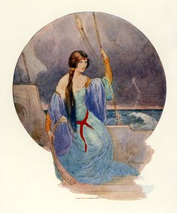 "Till slut, när en kraftig blixt svepte in hela fartyget i blå flammor, upphörde sången plötsligt" (färglitografi) av Harry George Theaker
