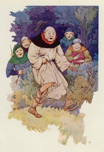 Vid första kontakten med pilspetsen genom hans mantel hoppade abboten upp i luften med ett skrik (färglitografi) av Harry George Theaker
