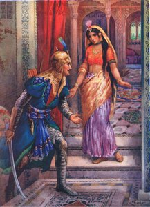 När hon fick syn på Rama rusade hon fram. Från Rama och Sitas äventyr, illustration från "Childrens Stories from Indian Legends", ca 1930-talet (färglitografi)