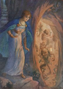 Freyja i dvärgarnas grotta, ur "Freyjas halsband" (färglitografi) av Harry George Theaker