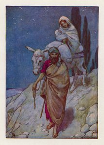 Josef steg upp och tog med sig det lilla barnet och hans mor på natten och begav sig till Egypten (färglitografi) av Harry George Theaker