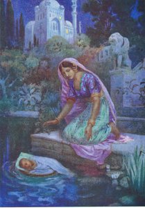 Kunti vågade inte vara olydig. Från de äventyrliga bröderna, illustration från "Childrens Stories from Indian Legends", ca 1930-talet (färglitografi) av Harry George Theaker