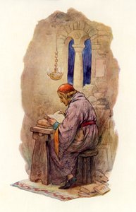 Merlin-läsning (färglitografi) av Harry George Theaker