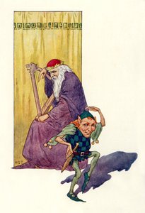 Minstrels och dvärgar underhåller kungen (färglitografi) av Harry George Theaker