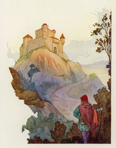 På höjden stod Evil Hold, Isambarts stora slott från vilket han styrde fruktansvärt över hela landet runt (färglitografi) av Harry George Theaker