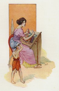 Penelope med sin son Telemachos (färglitografi) av Harry George Theaker