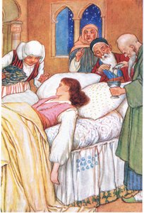 Prinsessan Aldebonda och hennes läkare (ur berättelsen (Kärlekens pilgrimer), illustration från "Tales of Alhambra", ca 1940 (färglitografi) av Harry George Theaker