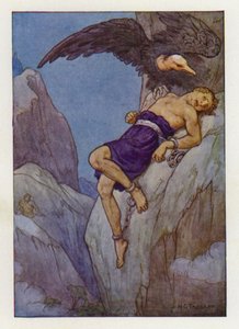 Prometheus fastkedjad vid en klippa (färglitografi)