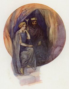 Proserpine sitter klädd i långa svarta kläder på en stor svart tron med den vildsinte svarta kungen bredvid sig (färglitografi) av Harry George Theaker