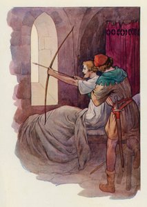 Robin, som satt upp i sängen, sköt pilen in i den gröna skogen bortom klostermuren (färglitografi) av Harry George Theaker