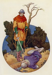 Robin slog till och med ett enda hårt slag dödade han Guy av Gisborne (färglitografi) av Harry George Theaker
