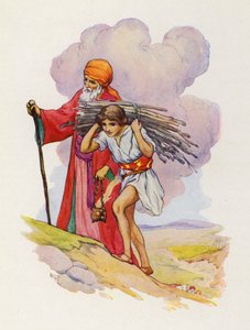 Sida vid sida klättrade Abraham och Isak uppför den branta stigen (färglitografi) av Harry George Theaker