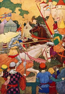Sir Lancelots första turnering (färglitografi) av Harry George Theaker