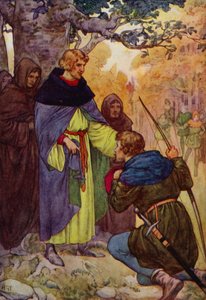 "Herre", sa Robin och föll på knä, "vi från Sherwood begär kunglig nåd" (färglitografi)