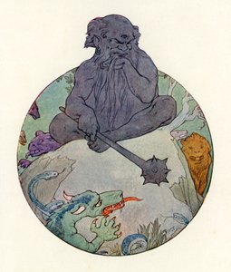 Den stora svarta jätten sneglade på Sir Gawaine (färglitografi) av Harry George Theaker