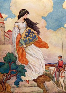 Prinsessan Iseult med Sir Tristram av Lyonesse sköld (färglitografi) av Harry George Theaker