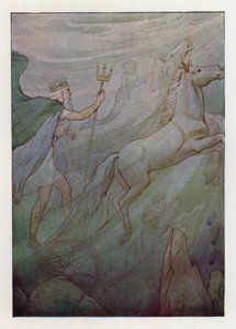 Havskungen i sin glittrande vagn, dragen av gröna hästar (färglitografi) av Harry George Theaker