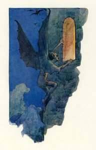 Älvmannen smet in genom det öppna fönstret (färglitografi) av Harry George Theaker